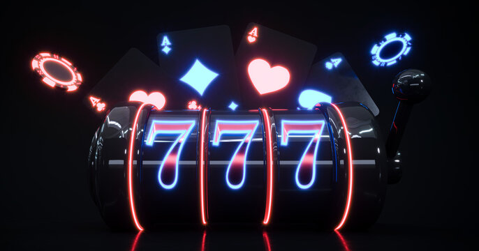 Neon black casino background with casino slot machine with 777, modern black casino gambling background, playing cards and chips falling, online casino banner, 3d rendering