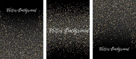 Set of vector abstract backgrounds with falling sparkle gold glitter and stars.