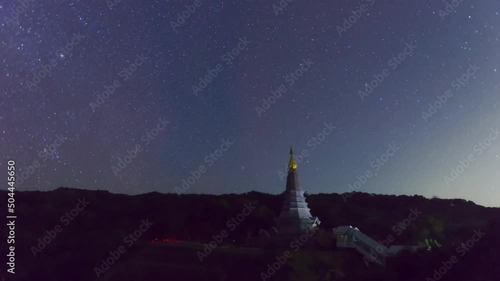 Wall mural time lapse 4k of the milky way galaxy moving over a sacred temple at doi inthanon national park, chi