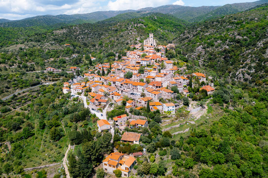 Historical Eus town, Pyrenees, France, aerial view