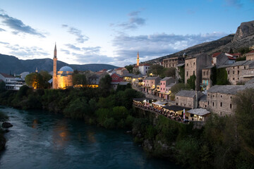 Twilight  in City of Mostar over the  Neretva River in Bosnia and Herzegovina