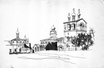 Black and white ink and pen hand drawn landscape, monastery of Saints Boris and Gleb in the city of Yaroslavl, Russia  - obrazy, fototapety, plakaty