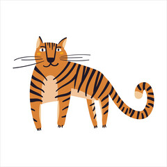Cute little tiger vector illustration. Funny hand drawn exotic  mammal character. Happy zoo cat animal isolated on white background. Childish t shirt print design male tiger