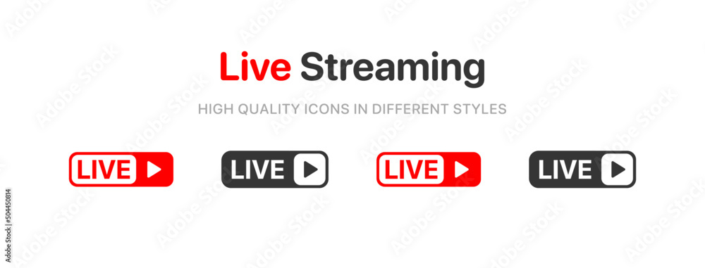 Poster Live streaming icon set. Set of live stream icons. Set of video broadcasting icon.. Button, red symbols for TV, news, movies, shows. Online stream icons.