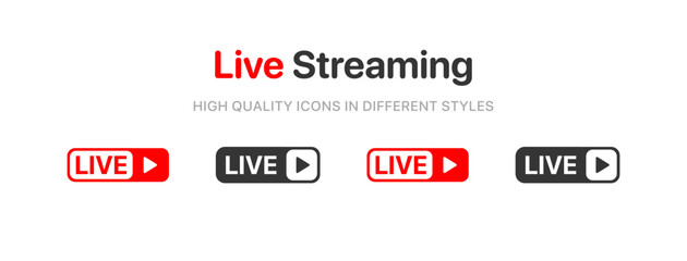 Live streaming icon set. Set of live stream icons. Set of video broadcasting icon.. Button, red symbols for TV, news, movies, shows. Online stream icons.