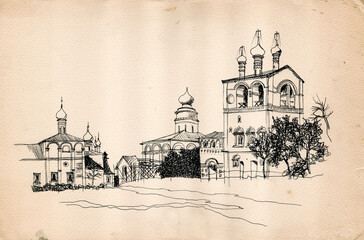 Black and white ink and pen hand drawn landscape on aged old paper, monastery of Saints Boris and Gleb in the city of Yaroslavl, Russia  - obrazy, fototapety, plakaty