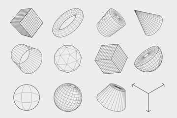 Set of wireframe polygonal elements. Geometric 3D objects with connected lines . Vector illustrations set