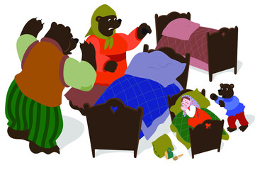 Fairy tale about three bears and sleeping girl. Fabulous vector illustration. Picture for children's book or postcard.