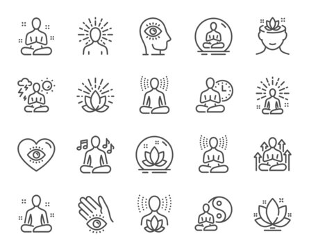 Yoga meditation line icons. Body balance, person relax and energy meditation set. Mind harmony, health meditate and self concentrate line icons. Listen relax sound, yoga mind therapy. Vector