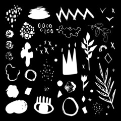 Hand-drawn design elements on a black background. Vector.