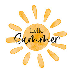 Hello Summer- Watercolor textured simple vector sun icon. Vector illustration, greeting card for june, beginning of summer, welcoming poster design.