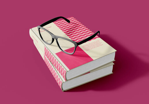 Stacked Books and Glasses Mockup