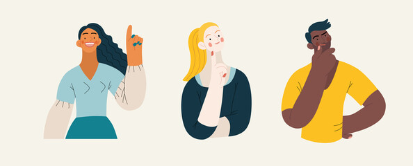 People portrait - Thinking people set-Modern flat vector concept illustration of a young people thinking about something, half-length portrait, user avatar. Creative landing web page illustartion