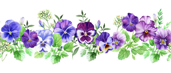 Pansies flower. Seamless horizontal pattern with blue and violet viola flower and herbs. Bright floral garland. Best for duct tape, scrapbooking, border.