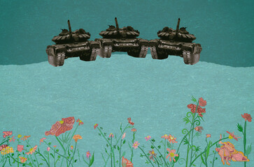 Ilustracja czołgi na polanie pełnej kwiatów. - obrazy, fototapety, plakaty