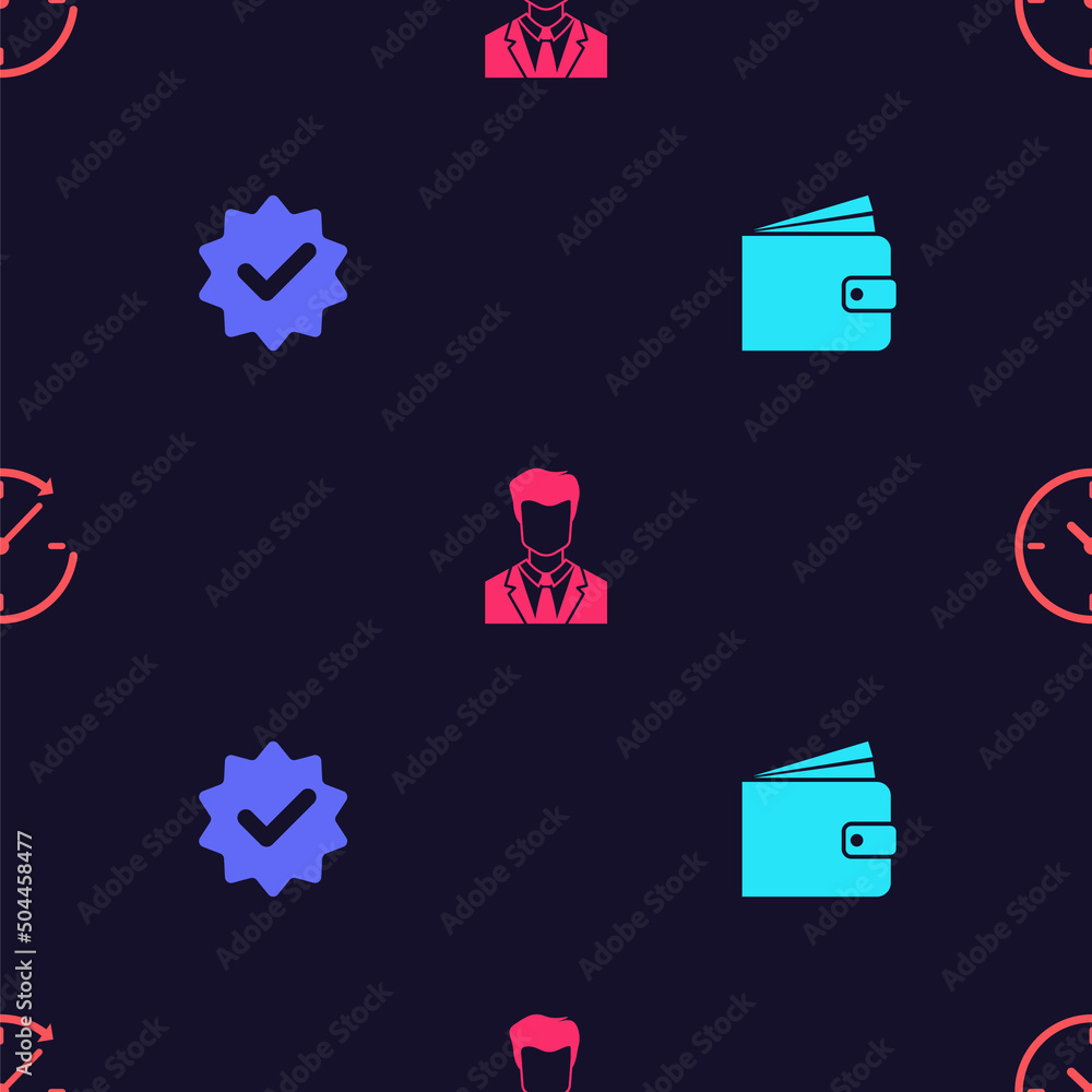 Poster set wallet, approved and check mark, user of man in business suit and clock with arrow on seamless p