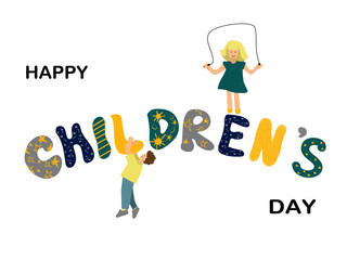 Fototapeta premium Vector illustration of International children's day. Stylish and colorful words in doodle style