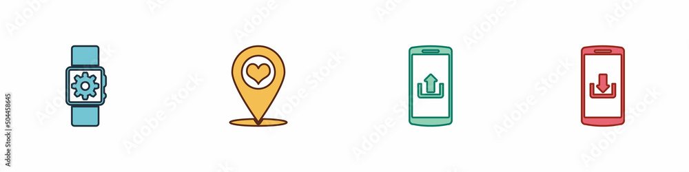 Poster set smartwatch setting, map pointer with heart, smartphone upload and download icon. vector