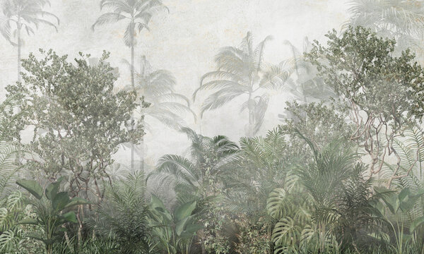 tropical trees and leaves wallpaper design in foggy forest - 3D illustration © Bilstock