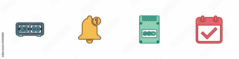 Poster set retro flip clock, bell, ssd card and calendar with check mark icon. vector