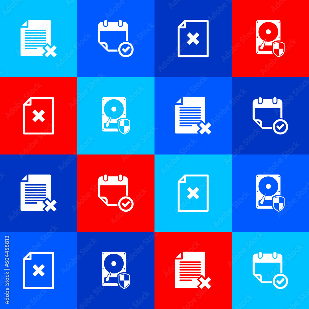 Aufkleber set delete file document, calendar with check mark, and hard disk drive hdd protection icon. vector