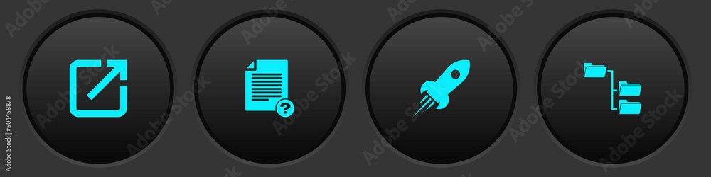 Poster set open in new window, unknown document, rocket ship with fire and folder tree icon. vector
