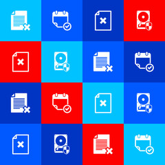 Set Delete file document, Calendar with check mark, and Hard disk drive HDD protection icon. Vector