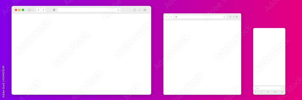 Poster Web browser window white template. Realistic blank browser window with toolbar and shadow. Sample frame design Internet page mockup. PC, laptop, tablet and smartphone empty web page mockup.