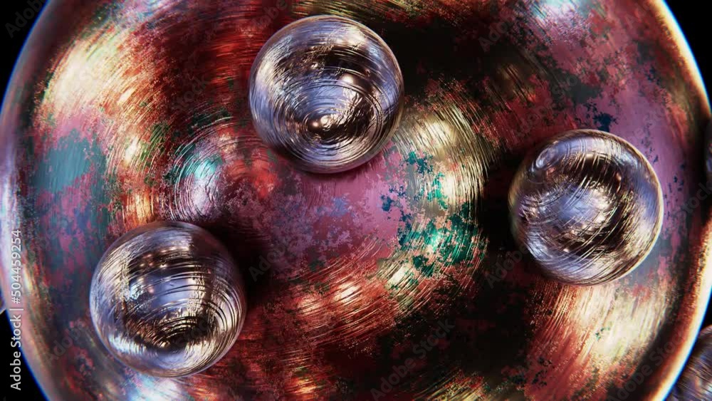 Poster realistic satisfying looping 3d animation of the weathered copper or bronze sphere with orbital roll