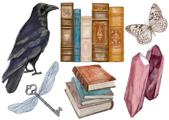 A set of watercolor illustrations with magical elements - crystal, sorcerer, raven, spell books, mushrooms. Mystical elements for alchemy.