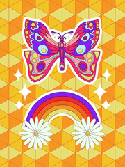 Psychedelic retro poster in 1960s-1970s style. Retro colorful illustration in 70s hippie style. Colorful postcard with geometric background.