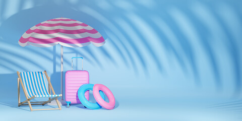 Summer blue background with palp leaf shadow. Beach chair, inflatable ring, sun umbrella, suitcase, leaves shadows. 3d illustration.