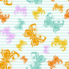 Flying butterfly silhouettes over striped background vector seamless pattern.