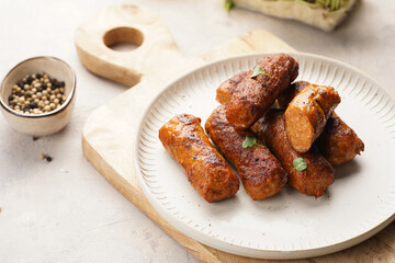 Traditional south european skinless sausages cevapcici made of ground meat and spices on white plate on light wooden board, with thyme and watercress salad