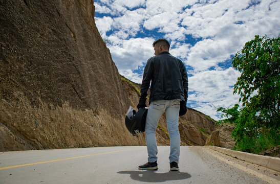 Photo Of Model From Behind With Motorcycle Jacket And Helmet 