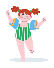 A little girl in a bathing suit runs along the beach into the sea. Happiness on the baby's face. Flat vector illustration. Eps10