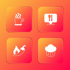 Set Coffee cup, Cafe and restaurant location, Hot chili pepper pod and Cupcake icon. Vector
