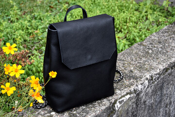 Genuine leather black color backpack. Stylish women's bag. 