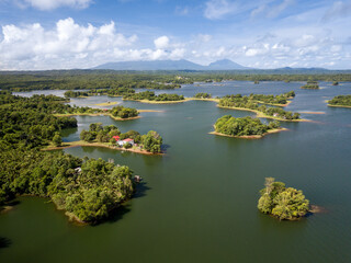 Scenic Aerial Panorama Drone Picture of Islands in the Lumot Lake near Caliraya, Cavinti, Laguna, Philippines