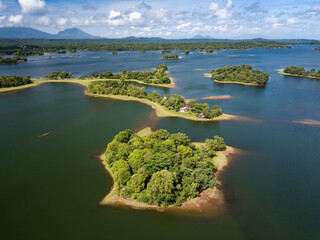 Scenic Aerial Panorama Drone Picture of Islands in the Lumot Lake near Caliraya, Cavinti, Laguna, Philippines