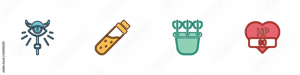 Wall mural set magic staff, bottle with potion, quiver arrows and video game bar icon. vector