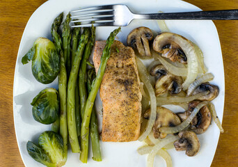 baked  season salmon  with asparagus and brussel sprouts