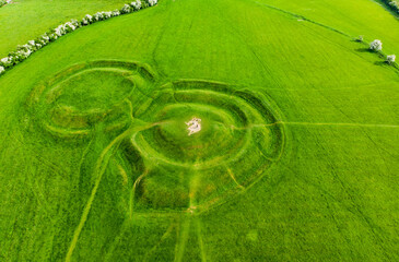 Aerial view of the Hill of Tara, an archaeological complex, containing a number of ancient...