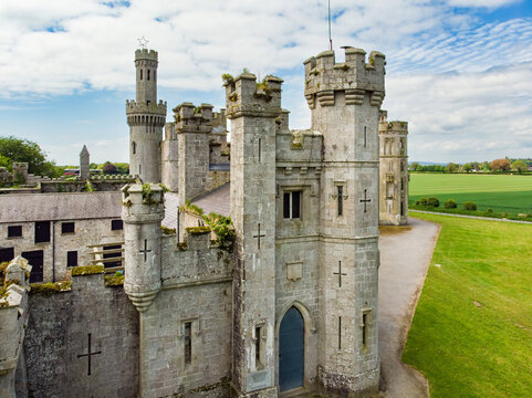 The towers and turrets of Ducketts Grove, a ruined 19th-century great house and former estate in County Carlow