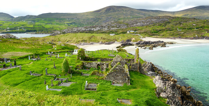 Abbey Island, the idyllic patch of land in Derrynane Historic Park, famous for ruins of Derrynane Abbey and cementery, County Kerry, Ireland