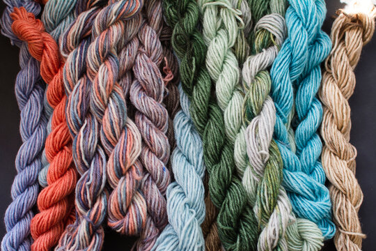 Close up of colourful hand dyed yarns