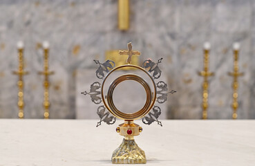 Closeup of Sacrament on the altar for worship in church for performing Catholic religious...