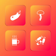 Set Eggplant, Mushroom, Cup of tea and Candy icon. Vector