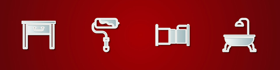 Set Furniture nightstand, Paint roller brush, Bed and Bathtub icon. Vector