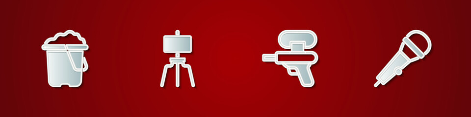 Set Sand in bucket, Wood easel, Water gun and Microphone icon. Vector